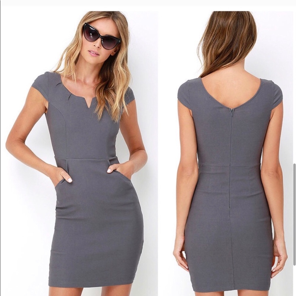 Grey Cap Sleeve Bodycon dress with pockets.